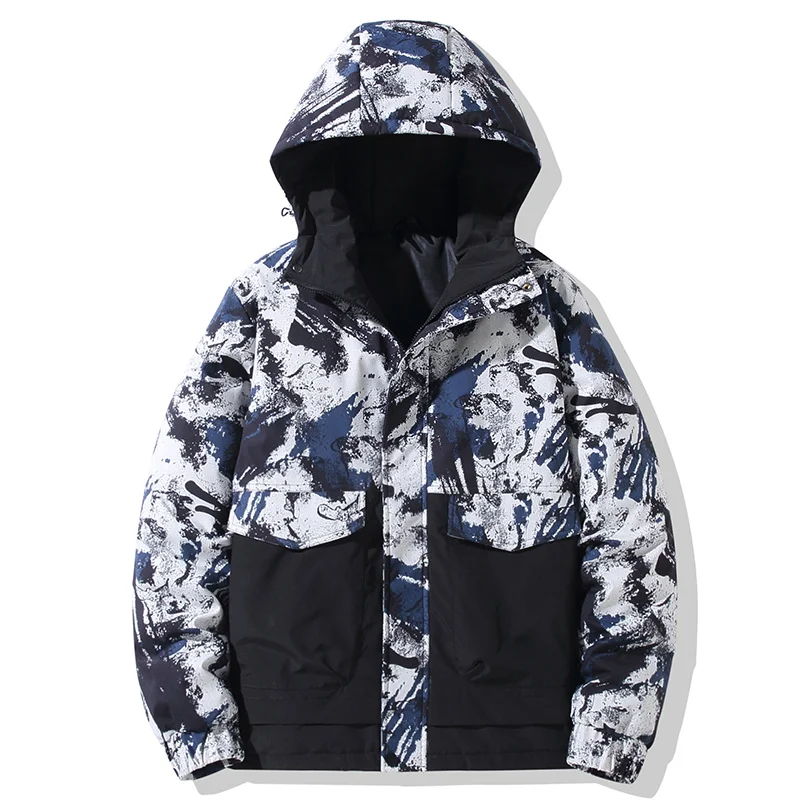 GIOIOMen's Down Jacket，Winter New Style Patchwork Printed White Duck Down Filled Warm Fashion Down Cotton Jacket Coat