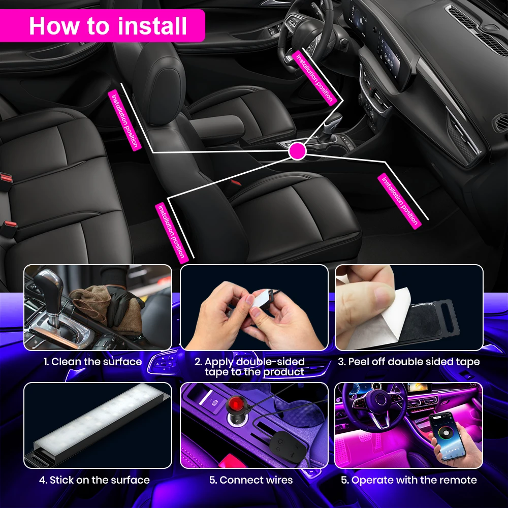YiLaie Interior Car Atmosphere Lights Smart Lights with App Control Music Sync RGB LED Lights Bar USB charger for Car Accessory