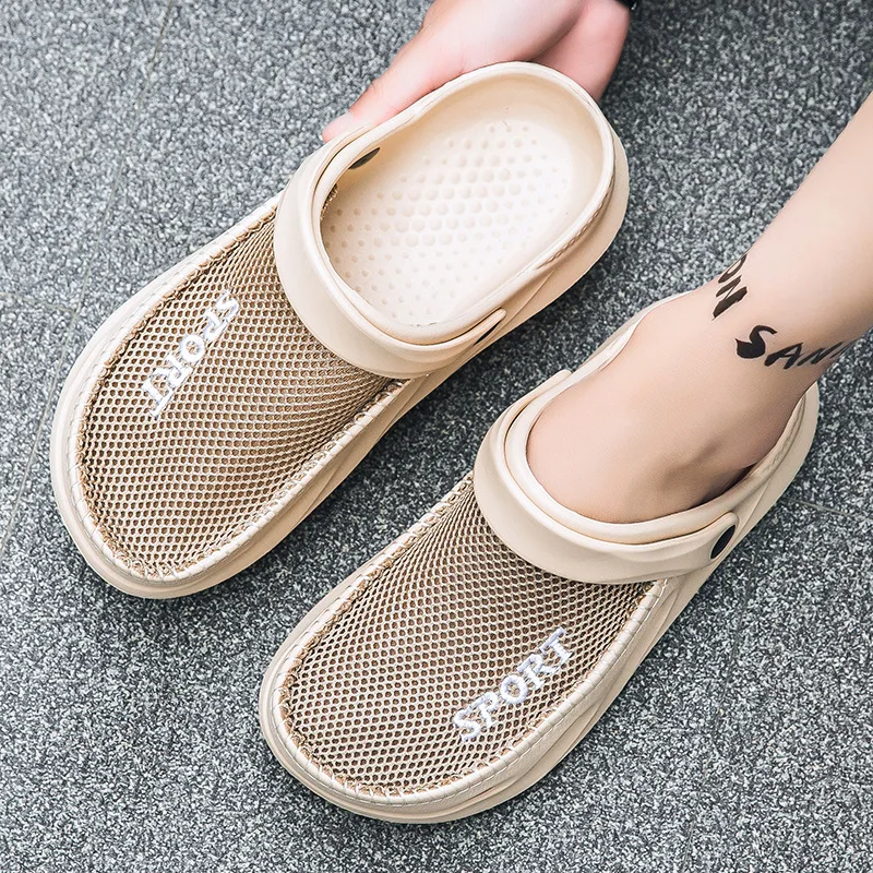 Letnie nowe buty plażowe z grubą podeszwą do noszenia na zewnątrz Casual Mesh antypoślizgowe odporne na zużycie sandały antypoślizgowe dziura męskie sandały