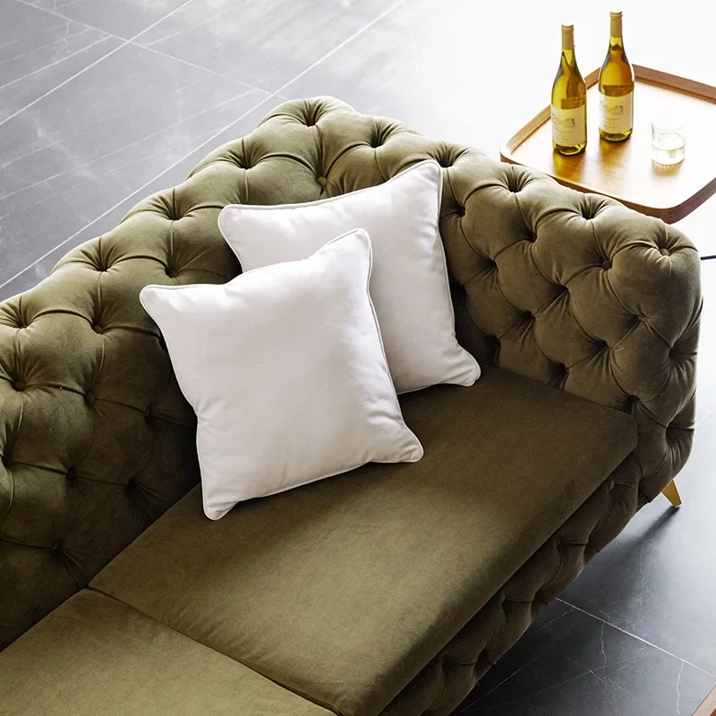 Luz americana de luxo internet celebridade artesanal puxar fivela pés metal estilo simples móveis sala estar três sofá veludo