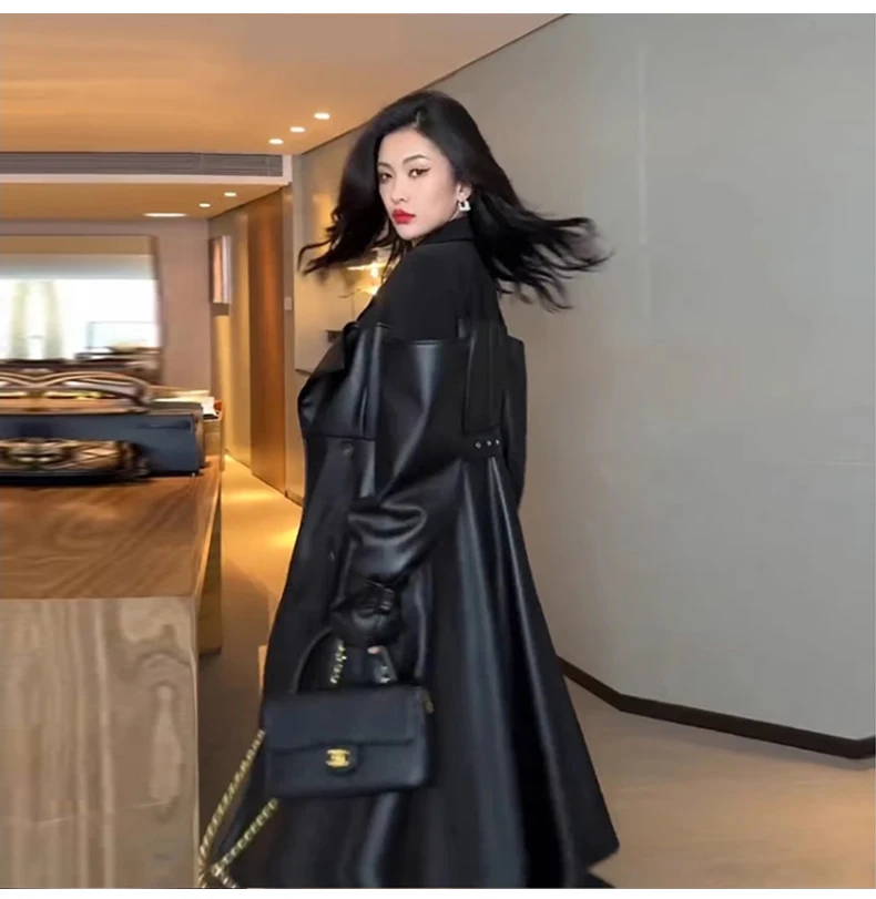 Lautaro Autumn Long Black Patchwork Pu Leather Trench Coat for Women Double Breasted Loose Stylish Luxury Designer Clothing 2023