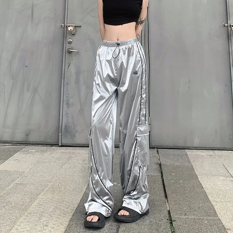 Y2k Women Drawstring Jogger Pants Casual Low Waist Side Stripe Patchwork Sweatpants Male Fashion Wide Leg Cargo Pants Streetwear