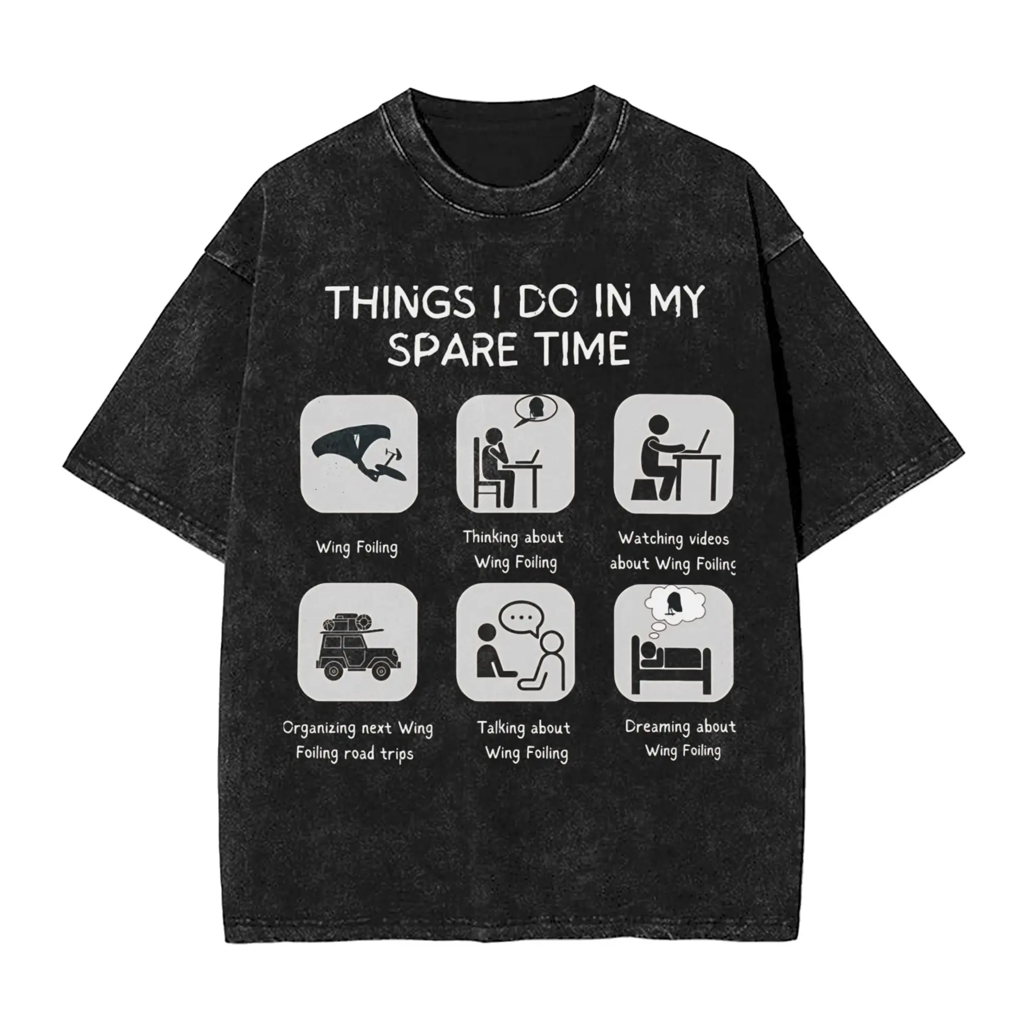 Washed T Shirts Wing Foiling Surfing T-Shirt High Street Things I Do In My Spare Time  Streetwear Graphic Tops Tees Men Women