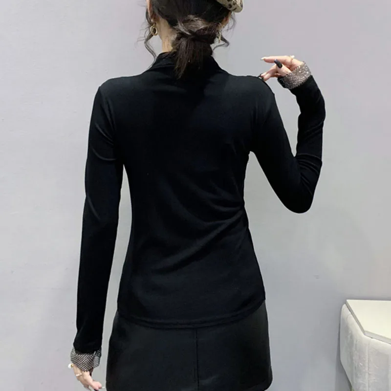 Autumn Winter Office Lady  Women T Shirt Long Sleeve Turtleneck Add Velvet Diamond Inlay Slim T-Shirt Women Tops Camisetas D98