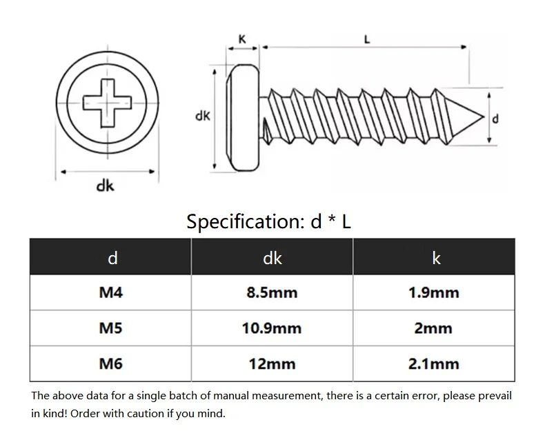 M4 M5 M6 Black/Nickel Plated/White Zinc Carbon Steel Cross Phillips Recessed Large Flat Thin Wafer Head Self Tapping Wood Screw
