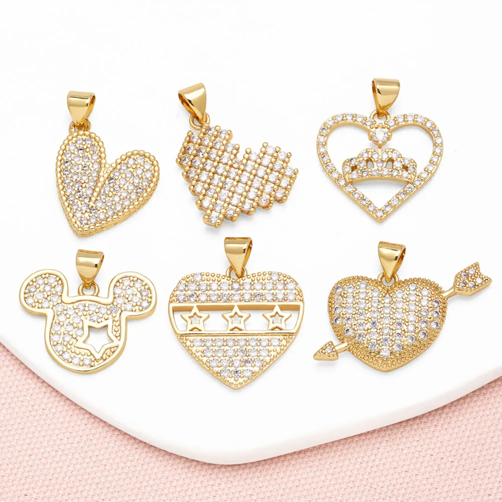 OCESRIO Fashion White Crystal Heart Pendant for Necklaces Copper Gold Plated Crown Star Heart Jewelry Making Supplies pdtb717