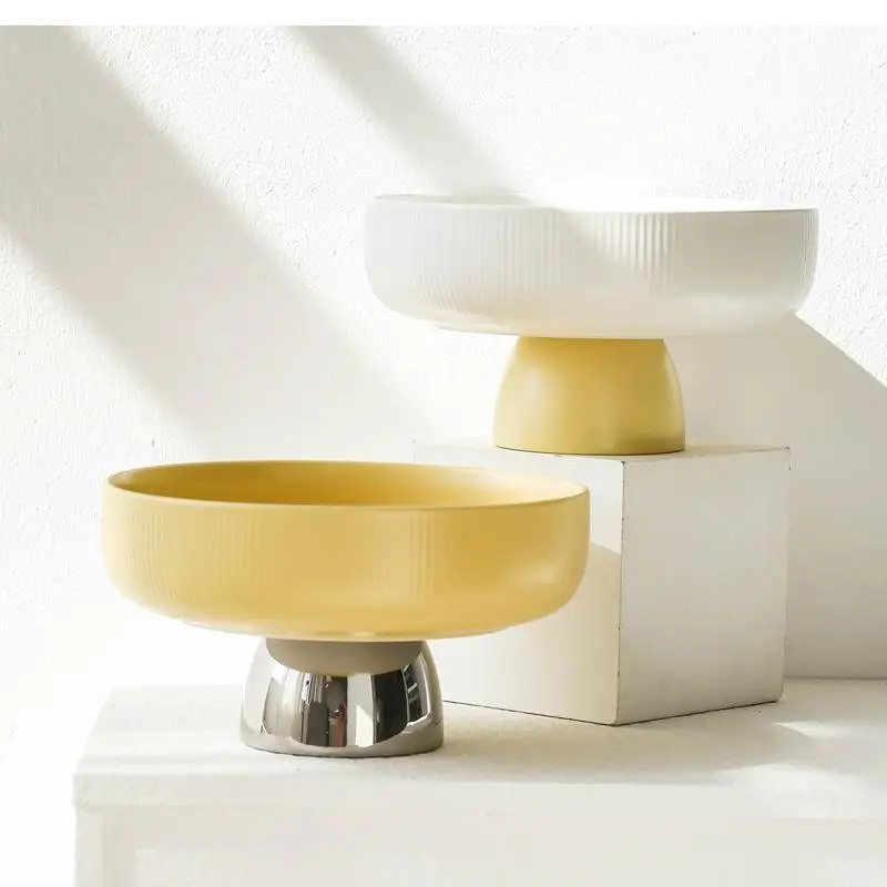 Color stripe High foot shape ceramic plate Living room fruit Dessert bowl  snacks dishes Home Furnishing trinket dish