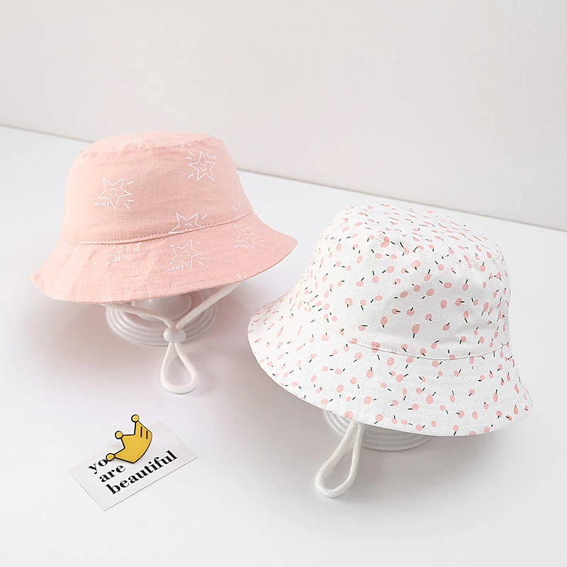 Cute Star Flower Print Baby Bucket Hat Soft Cotton Kids Girl Panama Fisherman Hat Outdoor Wide brim Children Sunscreen Basin Cap