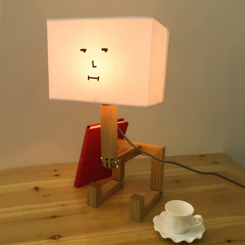 

Children Robot Wood Table Lamps Decoration Bedside Living Room Side Table Desk Lights Wooden Fabric Kids Nordic Flexible Plug