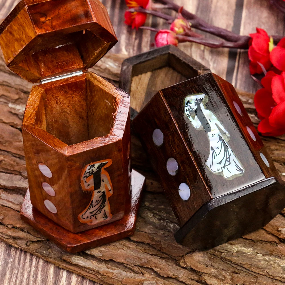 Retro Chinese Ethnic Style Knight-errant Inlay White Mother of Pearl Shell Hexagonal Wood Toothpick Holders Swab Storage Gadgets