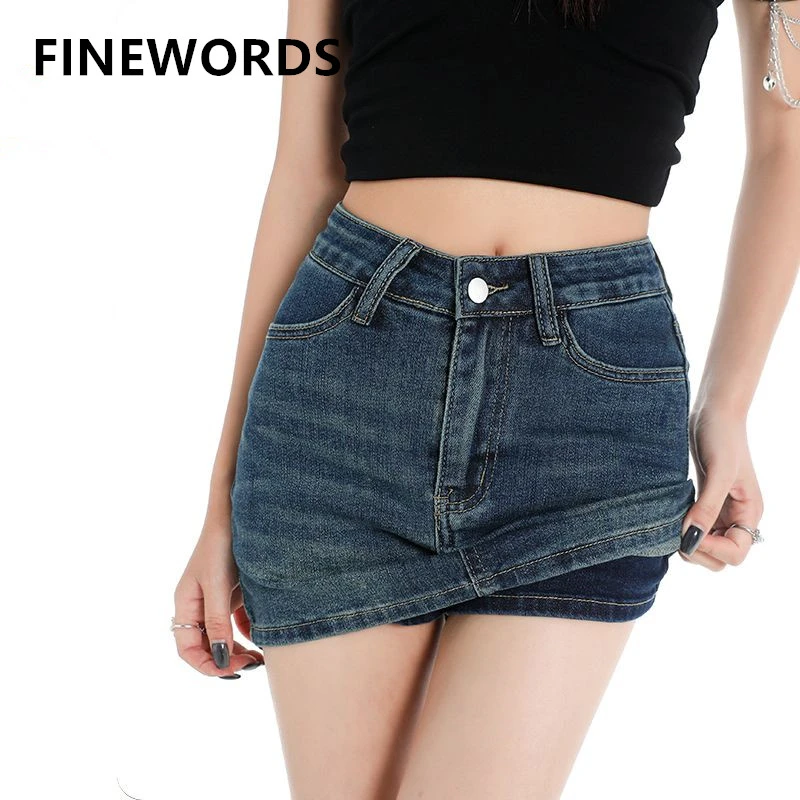 FINEWORDS Korean Casual High Waist Denim Skirt Women A Line Vintage Skirt With Inner Lining Streetwear Harajuku Sexy Mini Skirt
