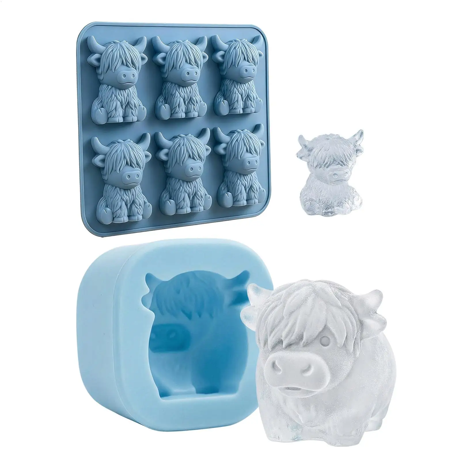 Molde de silicona de 6 cavidades con forma de vaca de las Tierras Altas, bandeja de hielo con forma de animal para whisky, de grado alimenticio, perfecto para suministros de bar en casa