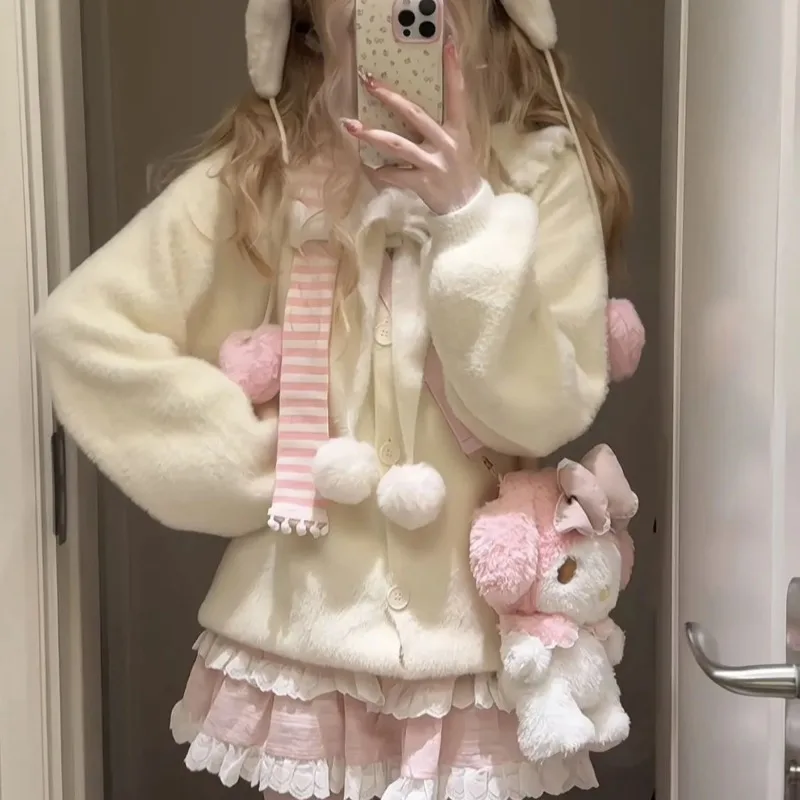 Cárdigans de invierno para mujer, dulce Kawaii, con lazo para estudiantes, cuello Peter Pan, holgado, acogedor, combina con todo, Tops de estilo japonés, suéter de punto Y2k