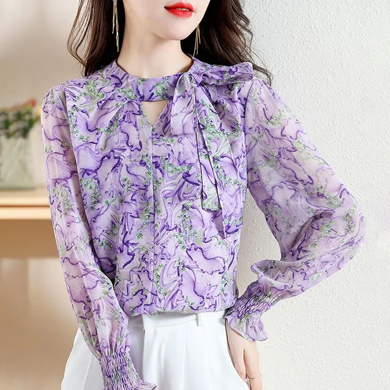 Korean Elegant Women\'s Long Sleeve Printed Chiffon Blouse Fashion Loose Round Neck Lace Up Shirt Spring Autumn Female Clothing