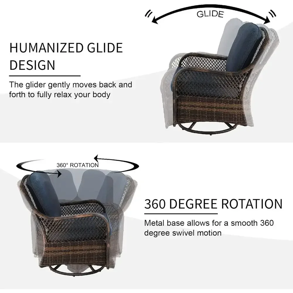 3-Piece Outdoor Wicker Swivel Rocking Chair Set with Navy Blue Cushions and Side Table