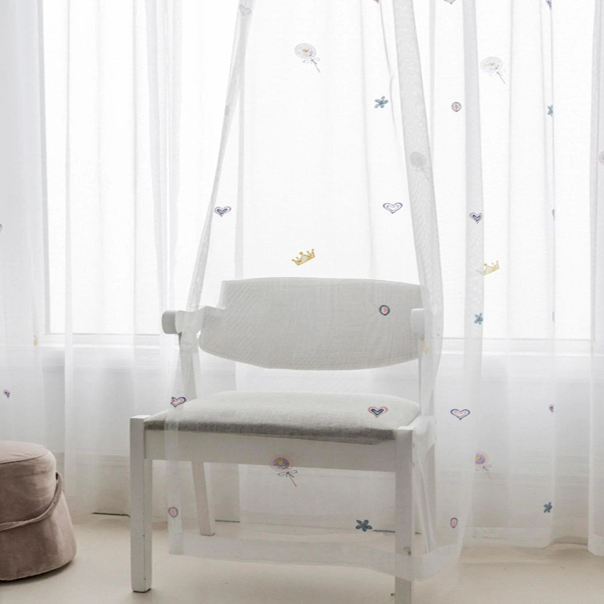 1pc modern style white sheer curtain with lollipop embroidery design,Mosquito prevention,breathable,for bedroom, living room