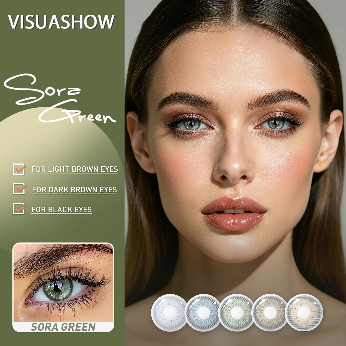 VISUASHOW Sora Green 14,2 mm Halbjahres-Kurzsichtigkeits-Kontaktlinsen mit Farbton -1,00 bis -8,00 Weiche Linsen für Tägliche Augenkosmetik