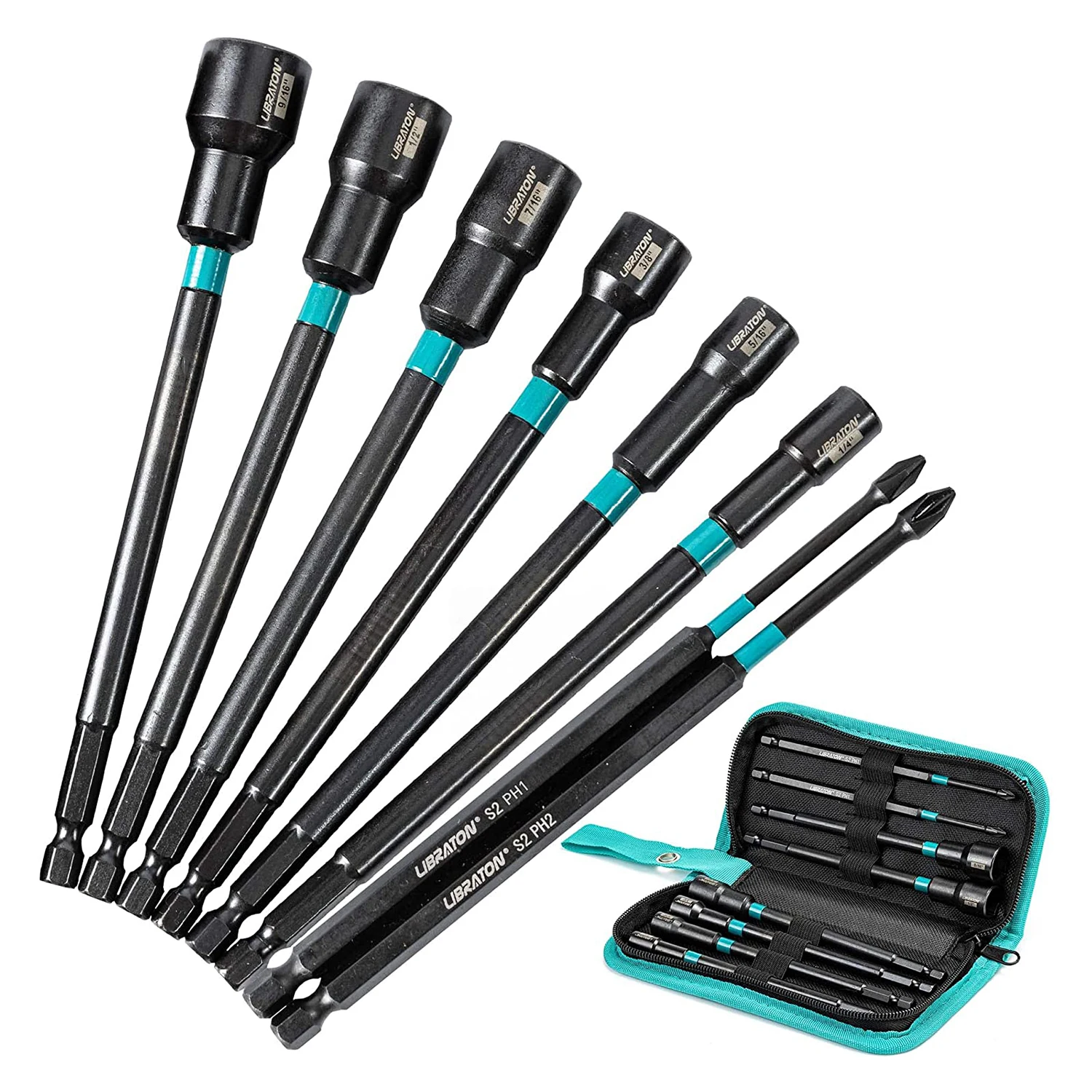 Libraton 8PCS Magnetic Nut Driver Set SAE Long Nut Drivers for Impact Drill Long Shank Nut Driver Bits Long Power Bits PH1 PH2