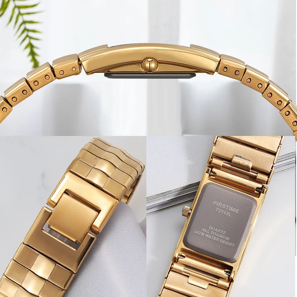 BERNY Golden Women\'s watches Elegant Rectangle Titanium Ladies Quartz Wristwatch Miyota 5Y20 Small Dial Gold Lightweight Watch