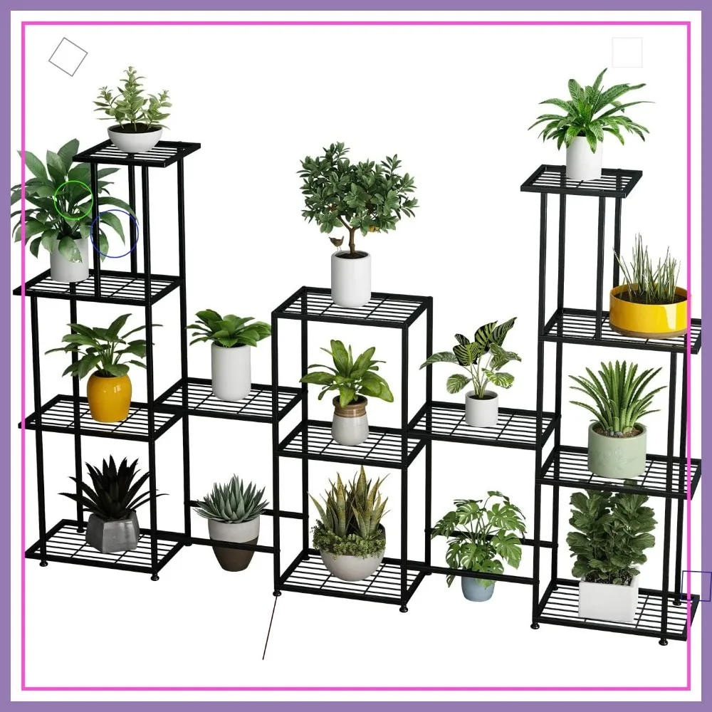 13段の背の高い植物スタンド、屋内屋外の庭、バルコニー、パティオの装飾用の黒いスチール製棚