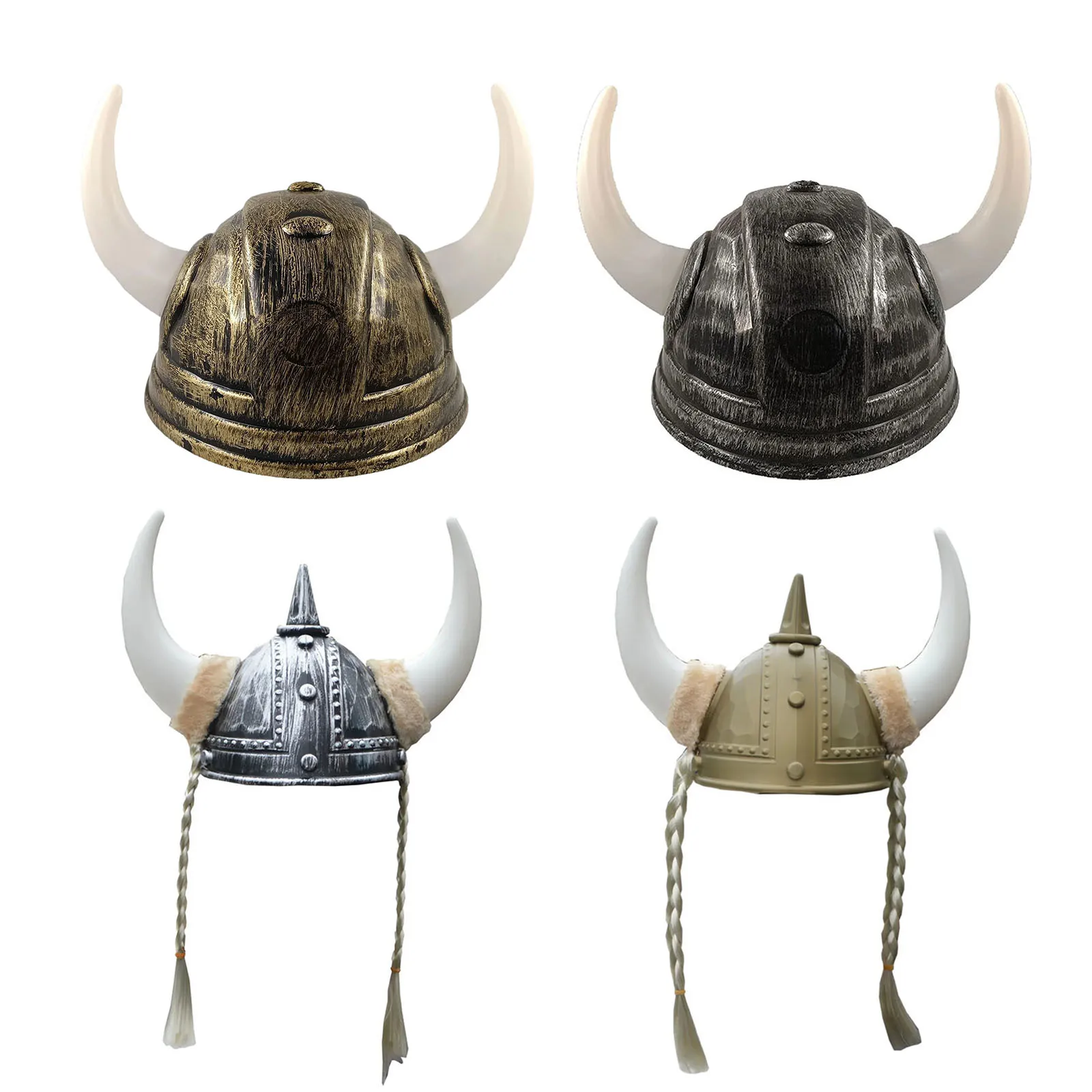 Adult Men Women Viking Horn Hat Helmet with Braids Plastic Medieval Warrior Knight Hat Halloween Cosplay Masquerade Ox Decors
