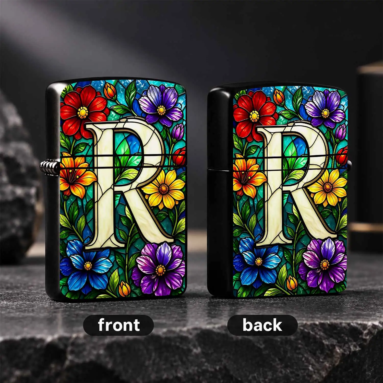 Vibrant Stained Glass Style Lighter With Artistic Letter R Surrounded By Colorful Florals, Exquisite Vintage Glass Craft, Portable Stylish Accessory For Daily Use, Ideal Thoughtful Gift For All Occasions And Your Loved A Humorous And Intere