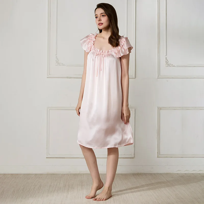 Women 100% Pure Mulberry Silk Nightdress Elegant Ruffle Trim Pajama Dress Square Neck Soft Satin Loose Nightgown For Sleepwear