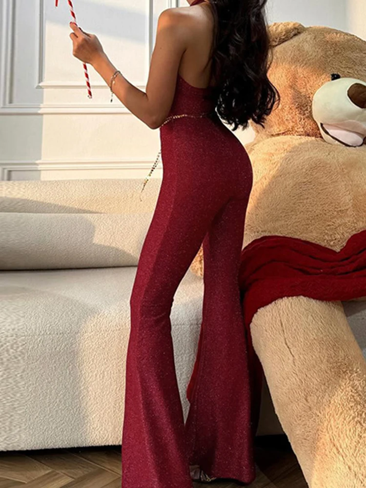 

Elegant Sleeveless Slim Glitter Playsuits Overalls New Pure Color Skinny Rompers Sexy Off Shoulder High Waist Wide Leg Jumpsuits