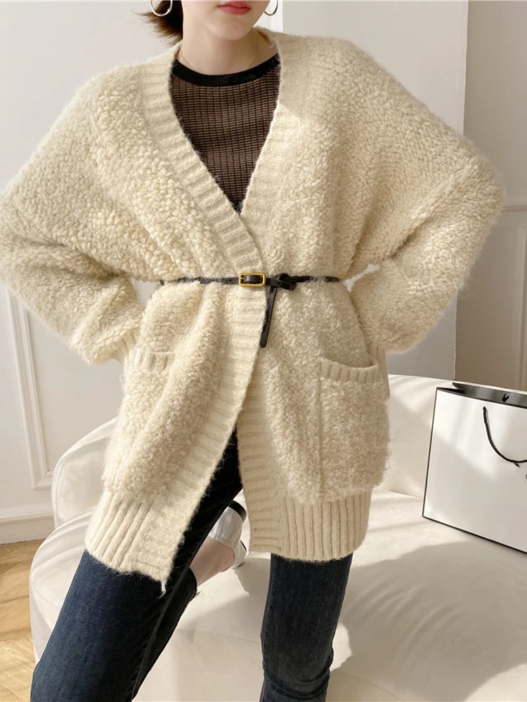 LANMREM Thick Wool Sweater Women\'s Autumn And Winter New V Neck Long Sleeves Solid Color Soft Loose Knit Cardigan 2DA9122