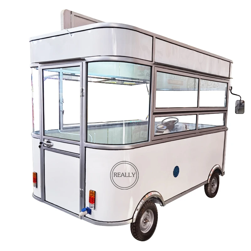 รถบรรทุกอาหารไฟฟ้าห้องครัวมือถือพร้อมโลโก้และสี Fast Snack กาแฟสุนัขร้อน Bubble Tea รถเข็นอาหารสําหรับขายปรับแต่งได้