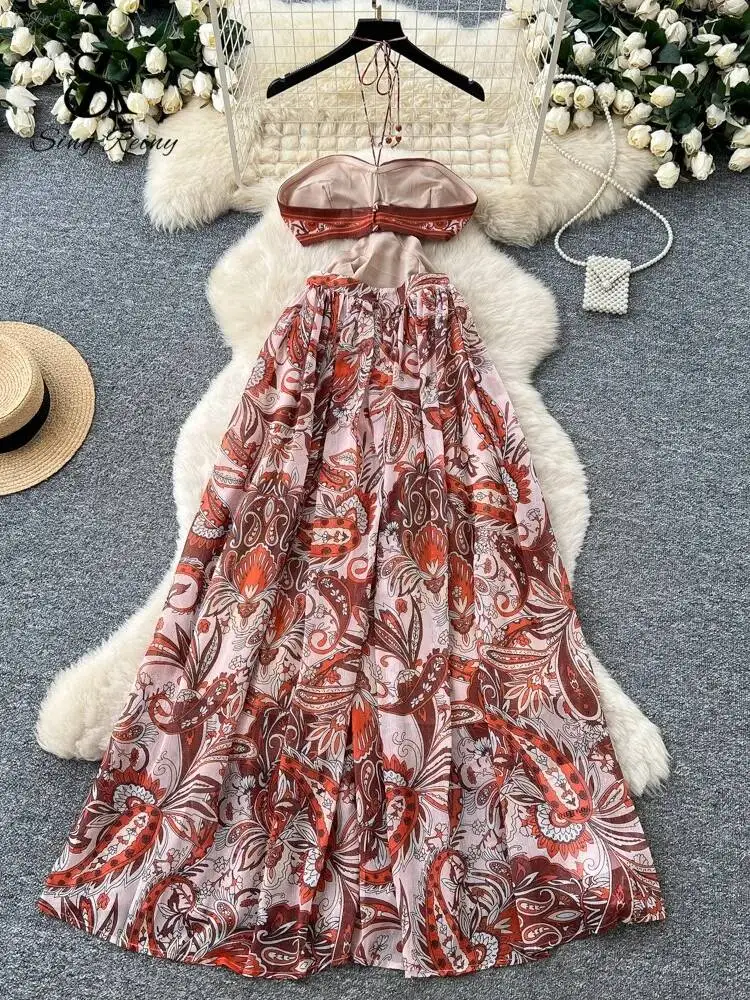 Summer Bohemian Vintage Long Dress Halter Beading Hollow Out Backless Beach Holiday Art Print Flowy Maxi Sundress