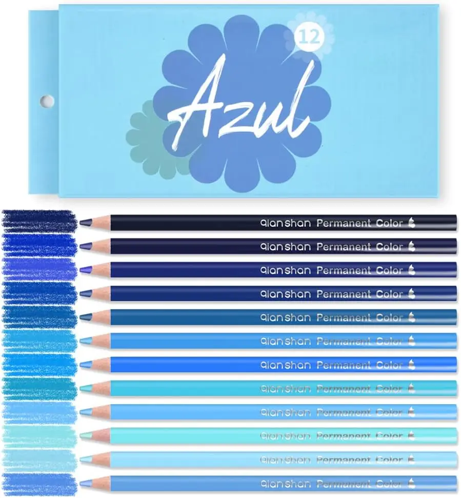 

12 Blue Colored Pencils Set - Pre-sharpened, Oil Based, for Adults Coloring & Drawing