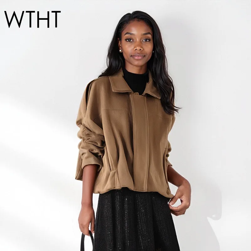 

WTHT Fashion Women's Leather Zipper Pockets Casual Coats Trendy Turn Down Collar Long Sleeves Jackets Female 2025 Autumn 1LS2366