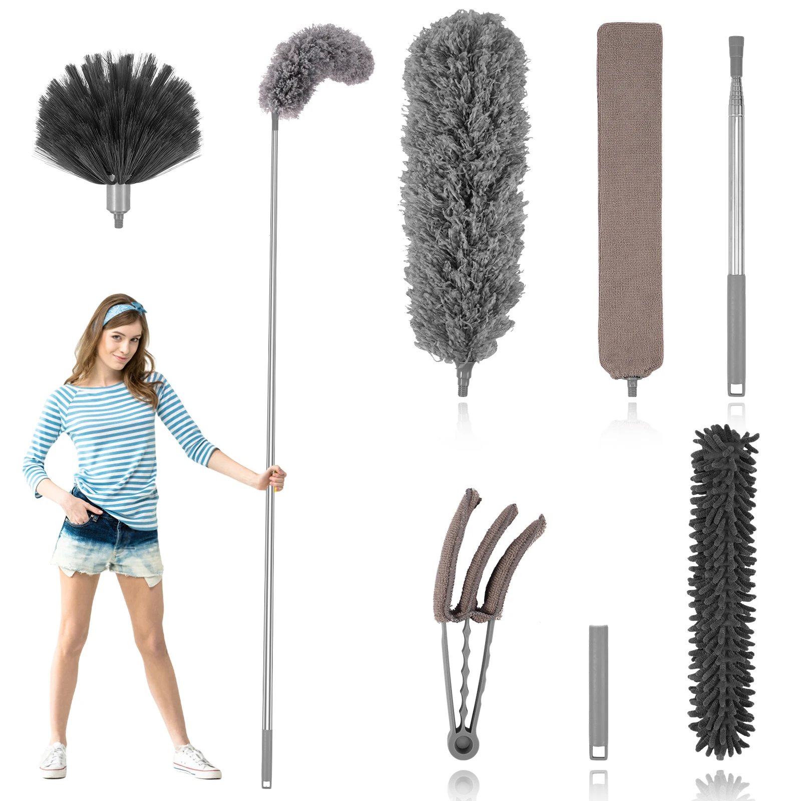 6Pcs Cleaning Duster Kit with Extension Long Handle Bendable Feather Duster Detachable Gap Duster Cleaner Replaceable Dusters