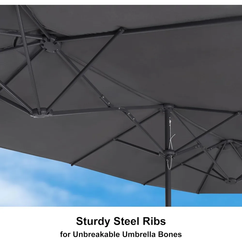 Double-Sided 14-Foot Patio Umbrella with Crank and Base for Outdoor Rectangle Tables - Ideal for Poolside and Garden Use in Gree