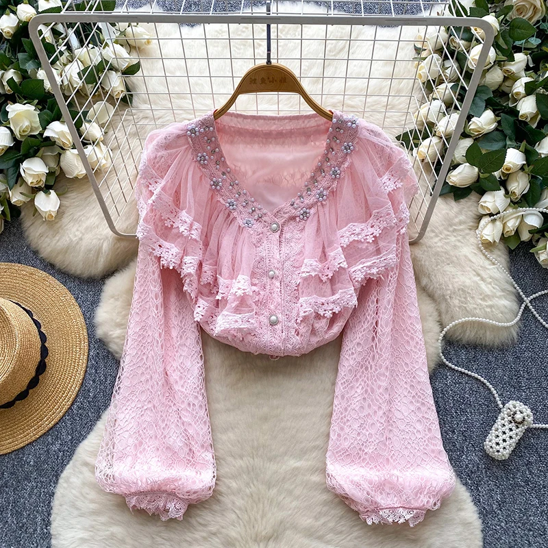 

French Sweet Palace Style Diamond Studded V-neck Mesh Ruffle Shirt Top Women's Lantern Sleeve Single Breasted Lace Blouse W81