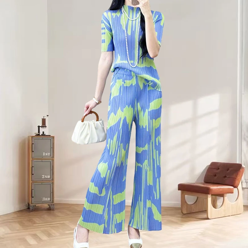 

Miyake Pleat Pants Set Shallow Miyake Plisse 2025 Summer Short Sleeve Peplum Fold Top High Waisted Pleat Trouser Pleats Set