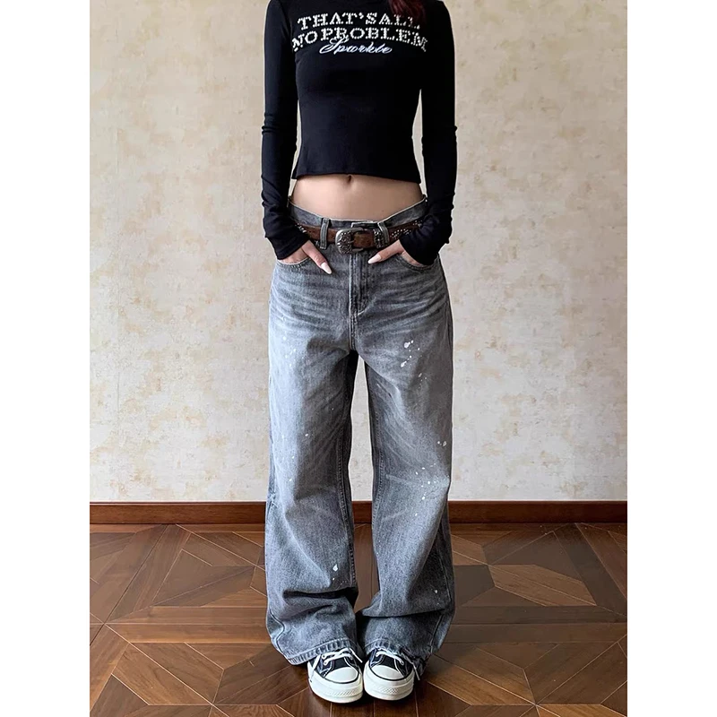 ZHIZOU Damen Grau Y2k Baggy Jeans Harajuku Vintage 90er Jahre Weites Bein Denim Hose Ästhetischer 2000er Jahre Stil Oversize Jeans Hose Herbst