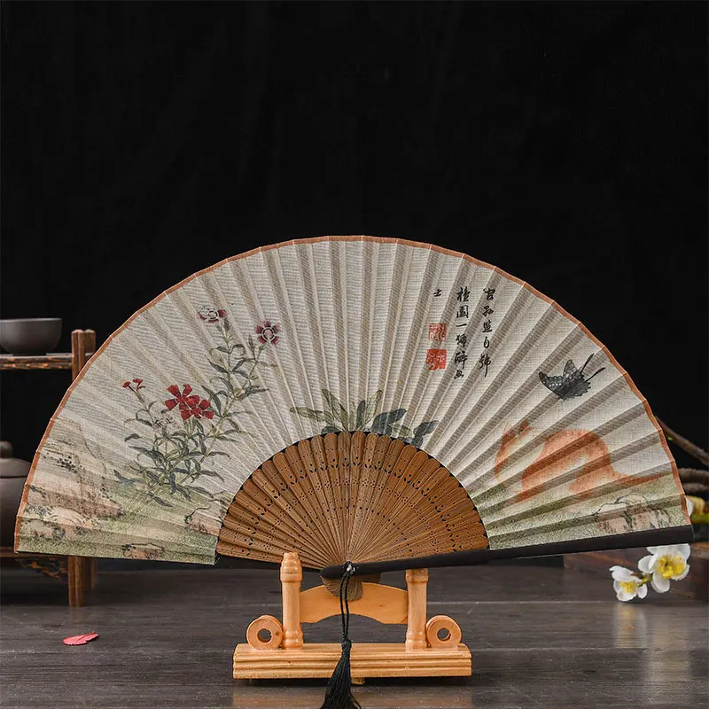 Vintage Style Folding Fan With Tassel Cat Butterfly Flower Printed Hanfu Fan Women Dance Hand Fans Photography Decoration