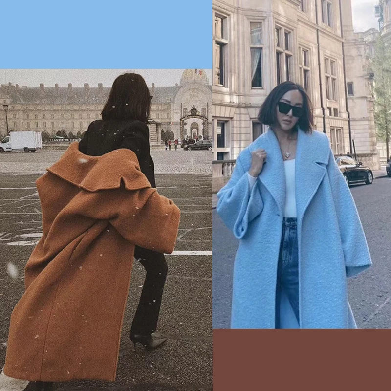 Double-Faced Woolen Coat Vintage Style Long Length Suit Collar Women's Fashion Outerwear Retro One-Button Closure Long Sleeve