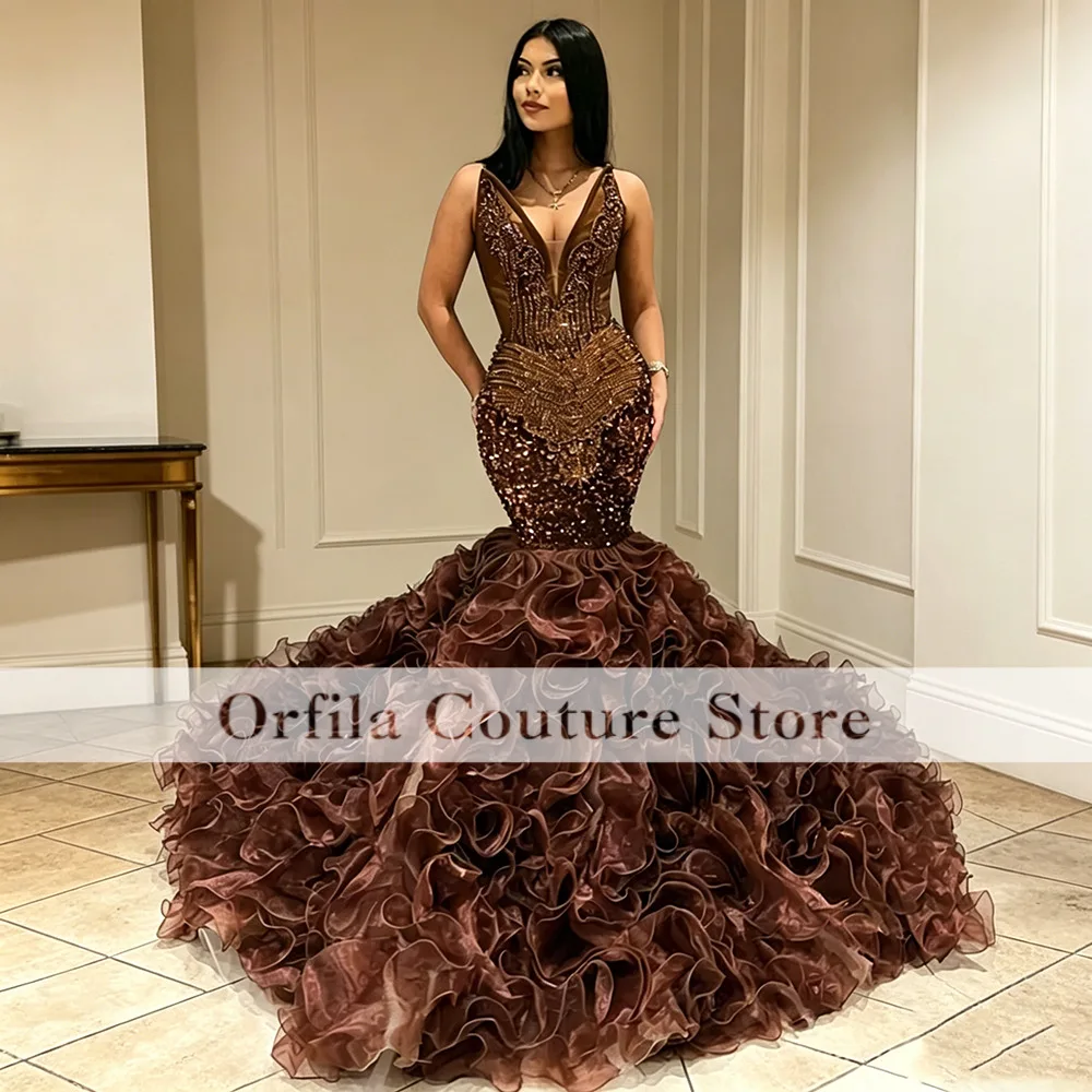 Stunning Brown Prom Dresses Black Girls Luxury Crystal Beading Mermaid Party Gowns Ruffles Skirt Evening Dress