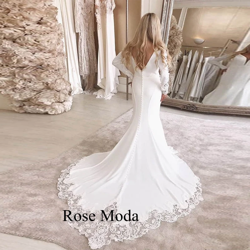 Rose Moda Illusion Deep V Neck Long Sleeves Mermaid Wedding Dress with Lace Cut Out Train Custom Make