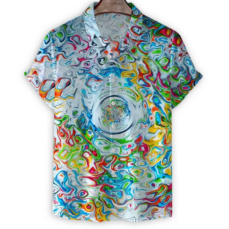 Fashionable Colorful Blue Green Pink Abstract Printed Men's Short Sleeved Shirt Summer Vacation Breathable Comfortable Shirt