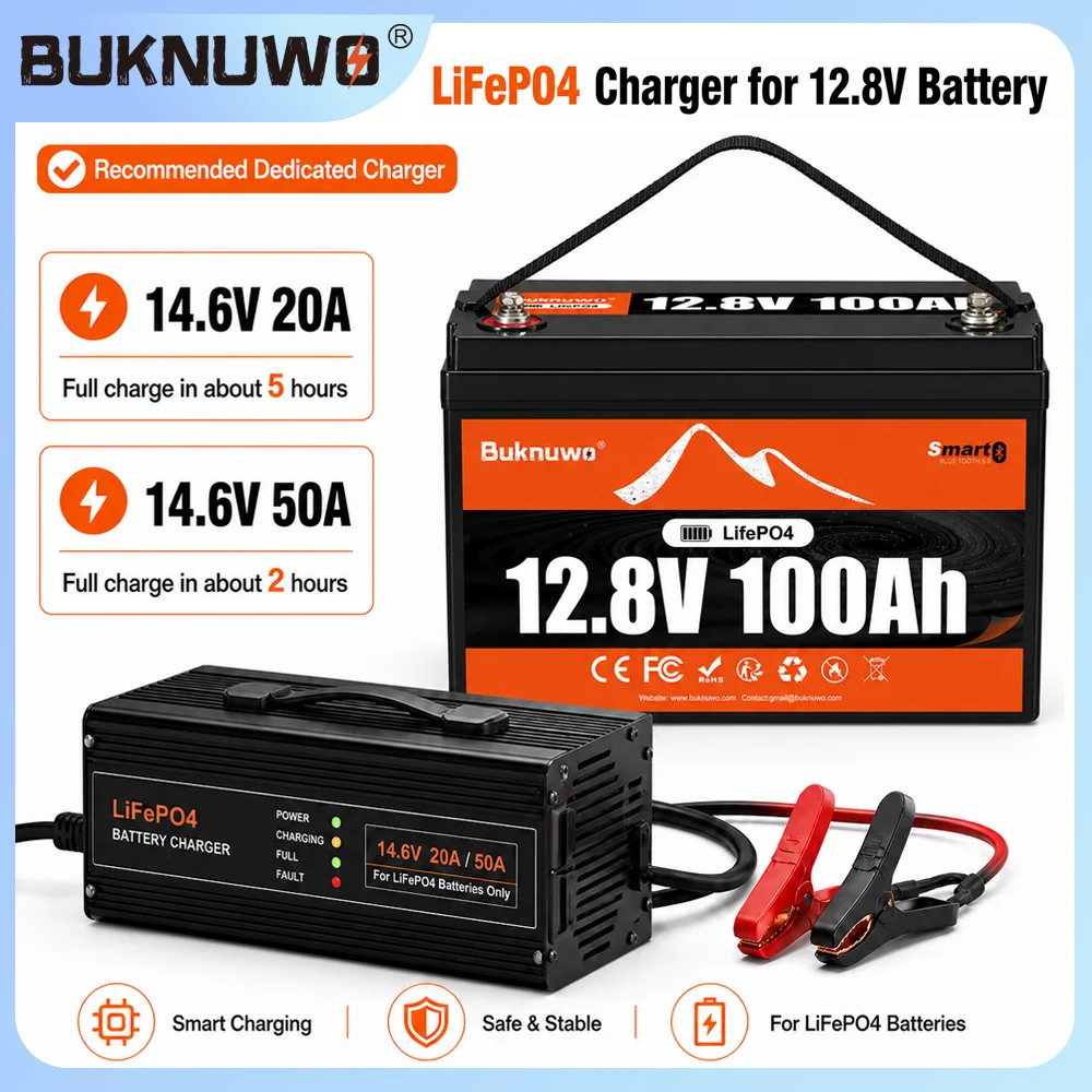 BUKNUWO LiFePO4 12V/12.8V 100Ah 1280Wh Lithium Battery Pack With Buletooth  More Than 8000+ Cycles BMS Grade A For Boat RV Campers Solar System