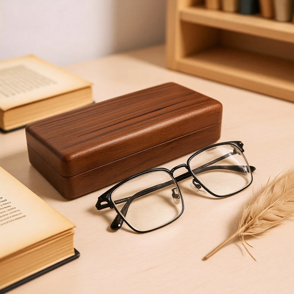 

Premium Walnut Wood Eyeglasses Case Shockproof Hard Shell Glasses Holder with Velvet Lining for Daily & Travel Use