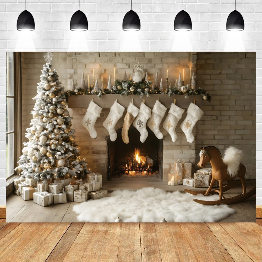 White Brick Wall Fireplace Stockings Christmas Backdrop Gifts Baby Portrait Photographic Family Party Photography Backgrounds