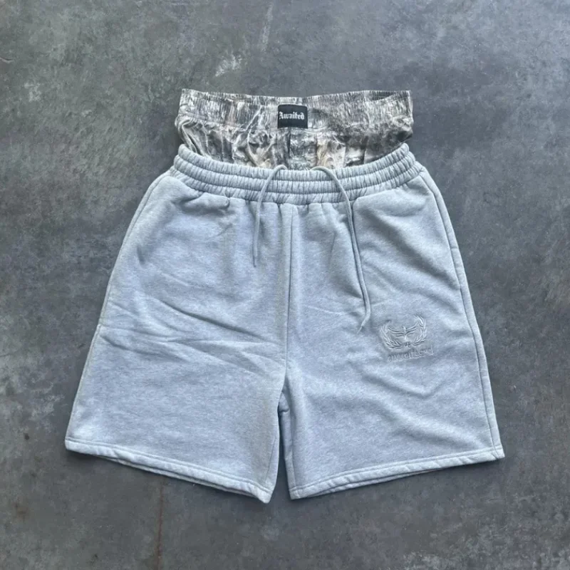 Summer letter embroidery 2024 spliced loose sports shorts trendy versatile casual American high street washed bottoms hot sale