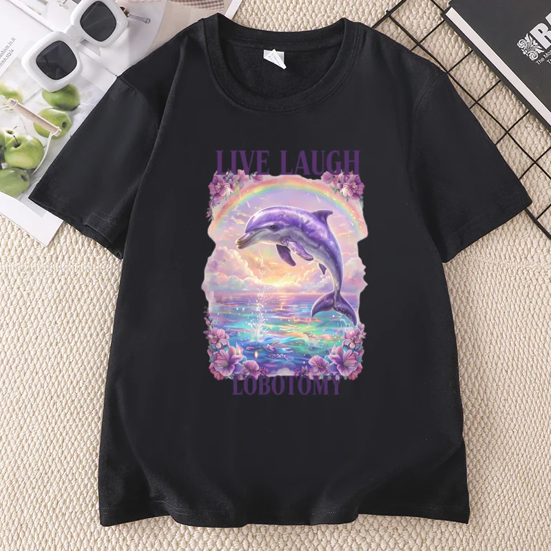 Live Laugh Lobotomy Unisex T Shirt Funny Dolphin Meme T-Shirt Casual Cotton Short Sleeve Weird T Shirts Graphic T-Shirts