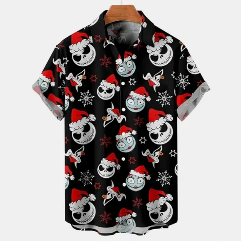 Christmas Men\'s Shirt Skull And Devil Graphic Short-Sleeved Printed Tshirt Loose Lapel Button Shirt Beach Party Clothing Men Top