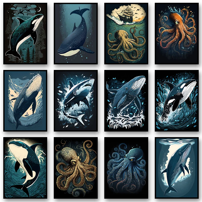 Sea Creatures Canvas Paintings Nordic Whale Octopus Posters and Prints Modern Cuadros Wall Art Pictures for Home Decoration